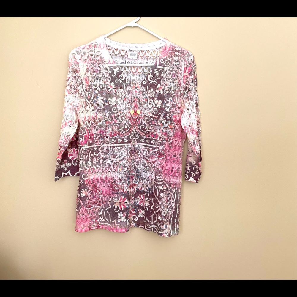 Wrangler top pink, white and lavender 3/4 sleeve open weave